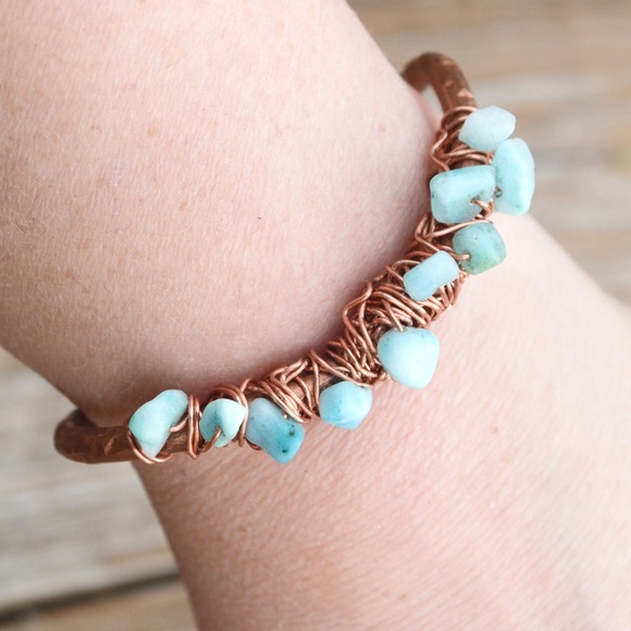 Blue Amazonite Copper Cuff Bracelet Healing Reiki Energy Handmade Boho Gift - Picture 6 of 6
